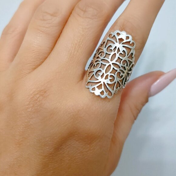 Sterling Silver Shield Ring, Silver Women Ring, Statement Ring, Bali Boho, - Picture 6 of 6